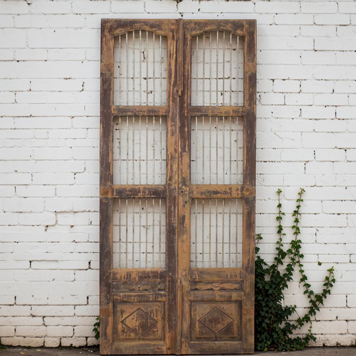 Pair of XL Antique Vintage Indian Wooden Iron Jali Doors Shutters