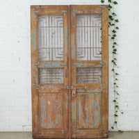Pair of XL Antique Vintage Indian Wooden Iron Jali Doors Shutters